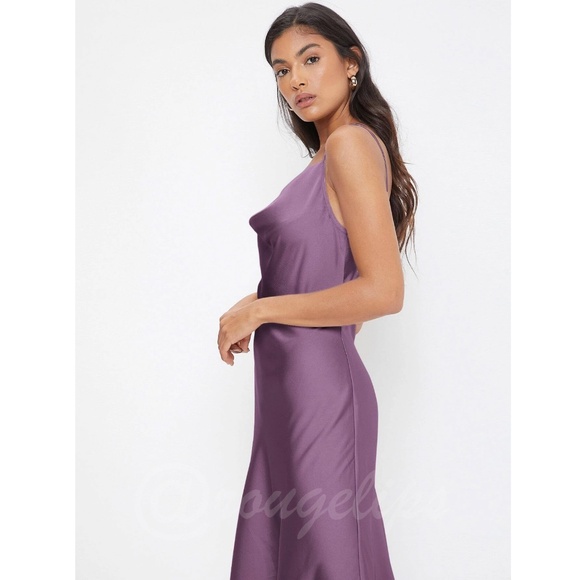 Purple Satin Cami Dress Midi Adjustable Spaghetti Straps - Picture 3 of 7